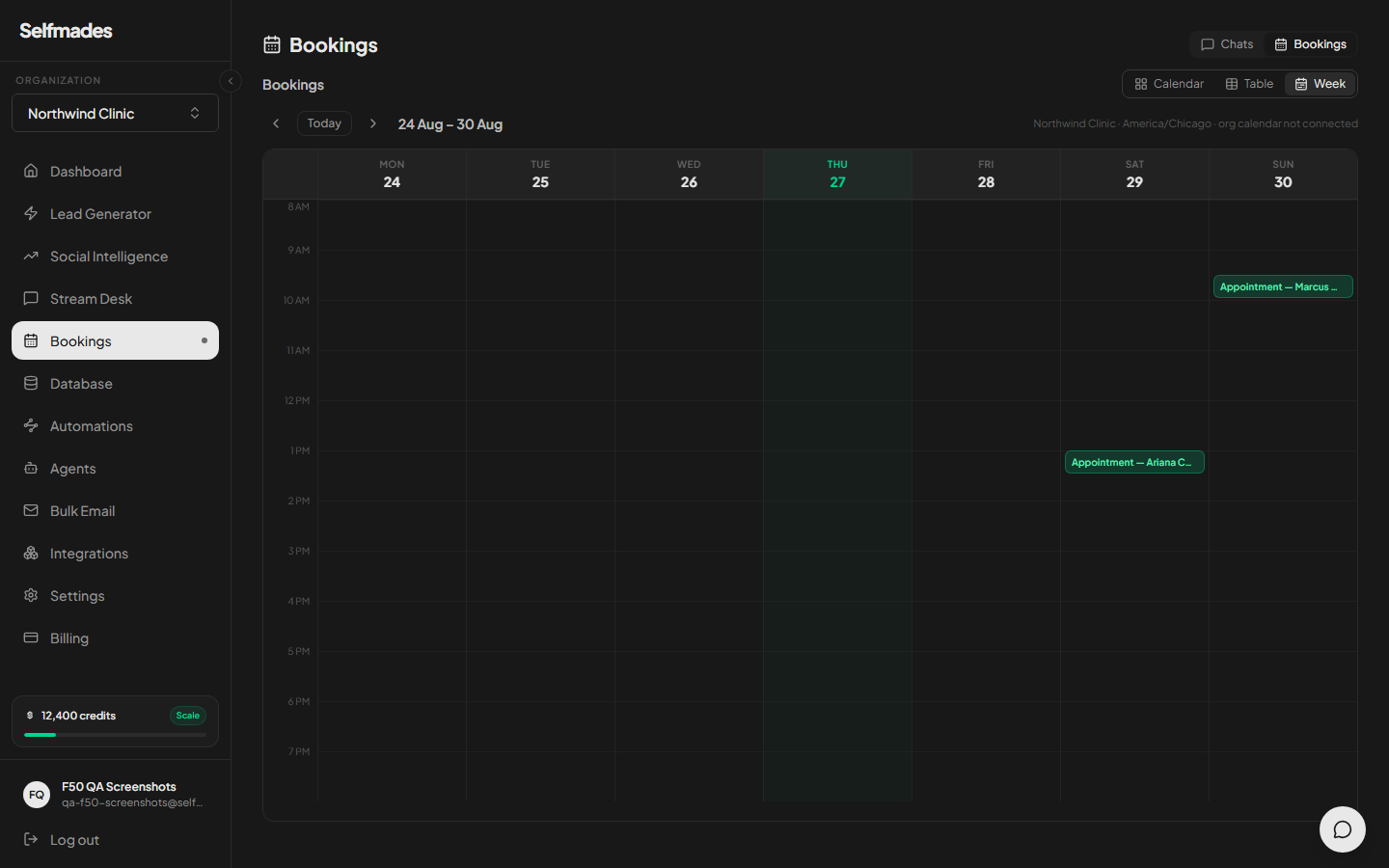 Bookings in the Selfmades dashboard