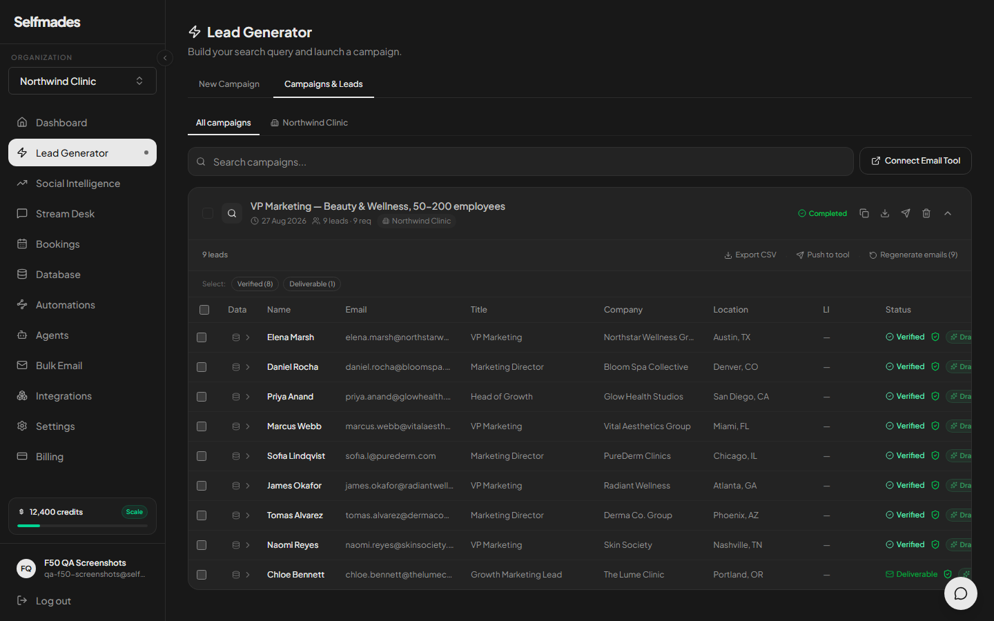 Lead Generator in the Selfmades dashboard