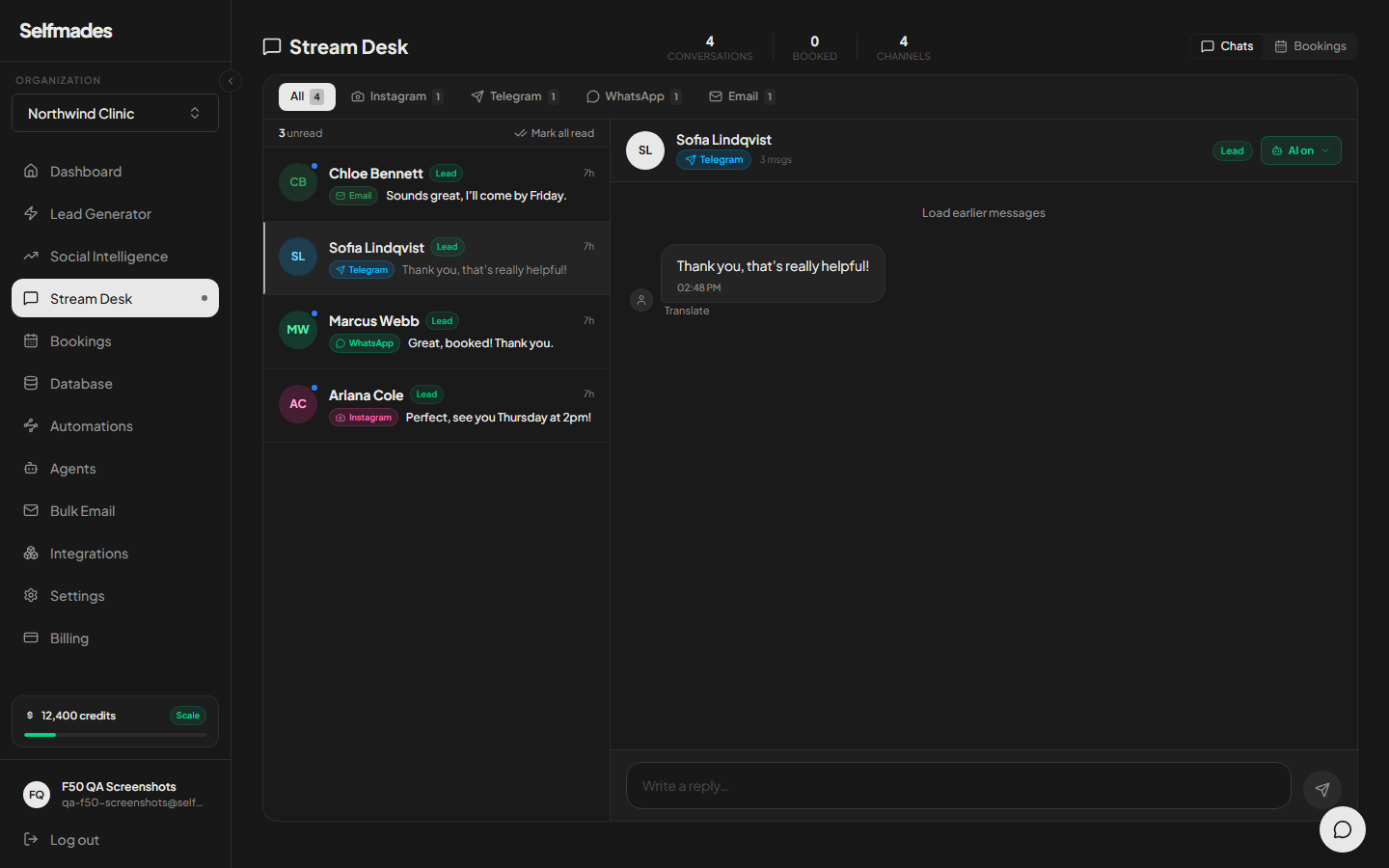 Stream Desk in the Selfmades dashboard